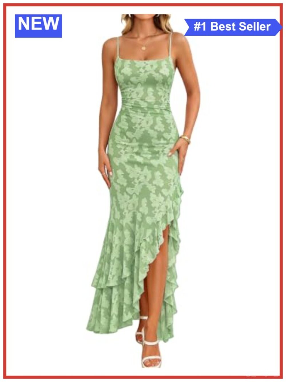 Floral Mesh Maxi Dress Square Neck High Slit Wedding Guest Cocktail